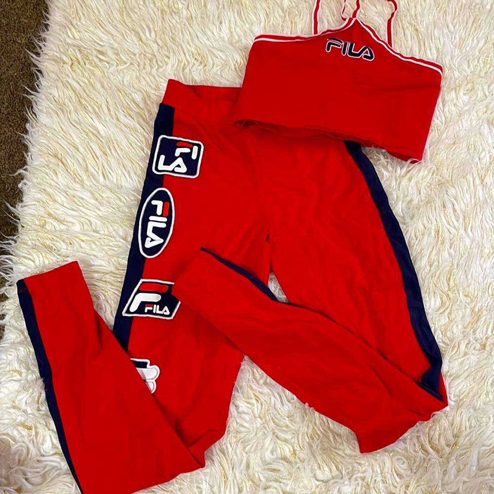 FILA Red halter crop (size LG) red letter patch work matching leggings (size XS)